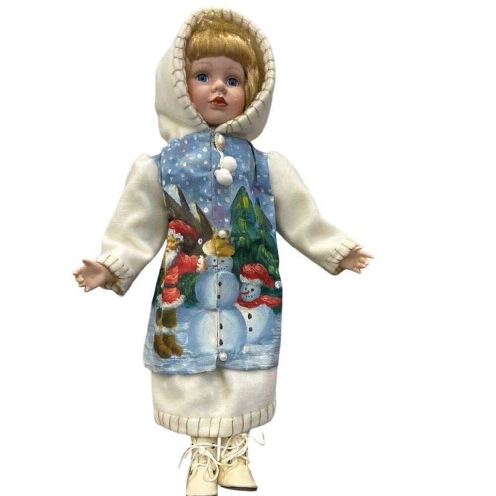 Vintage Hand Painted Christmas Doll Winter Coat Snowman Santa Scene ANCO 2000